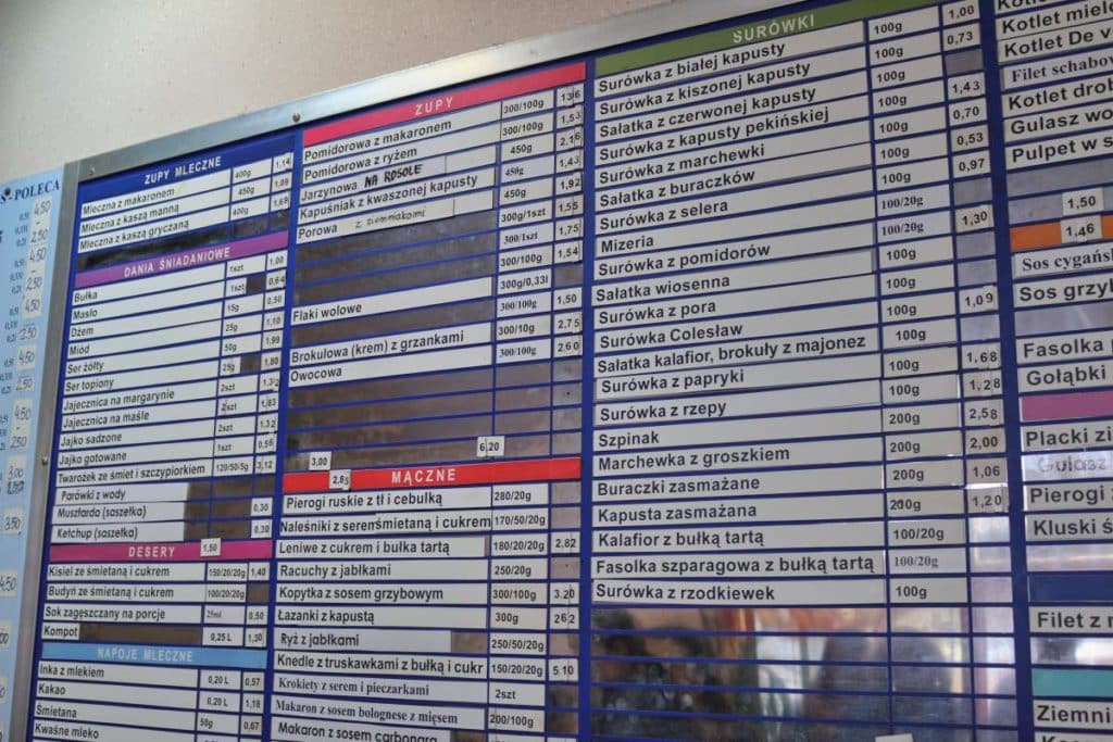 Milk bar Poland menu