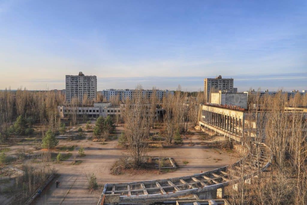 Blick auf die Geisterstadt Prypjat in der Tschernobyl Sperrzone